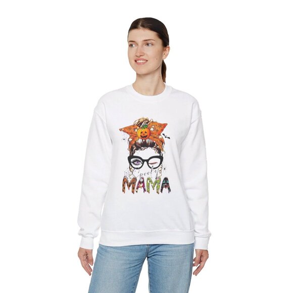 Women’s White Spooky Mama Halloween Sweatshirt Messy Bun Glasses Fall Bow - Picture 2 of 4